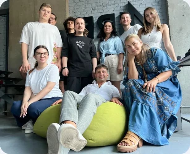 The team gathered on a beanbag chair