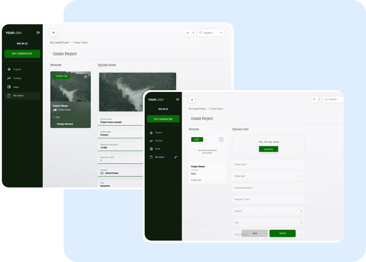 Carbon project creation screens